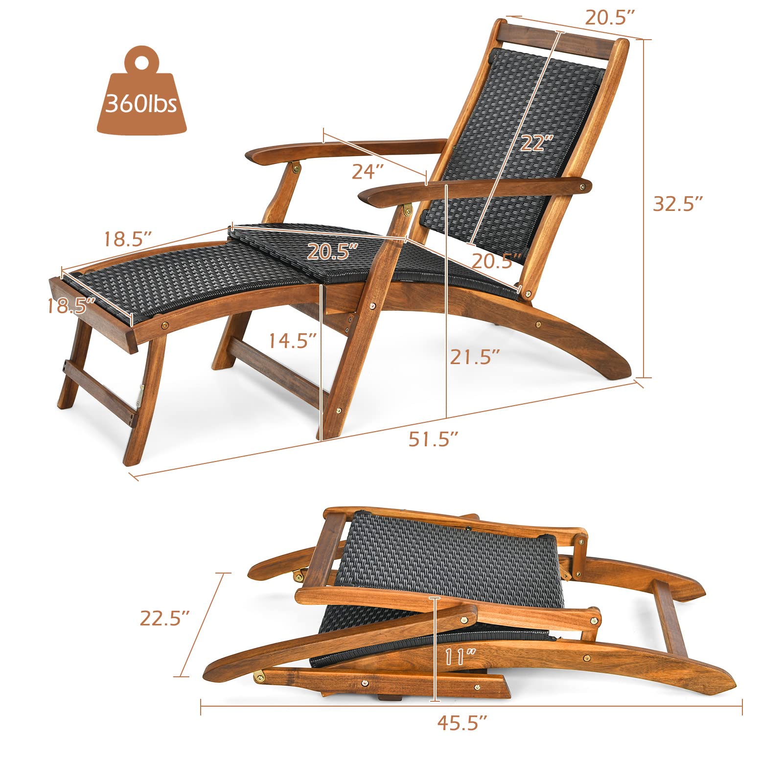 HAPPYGRILL Patio Chaise Lounge Chair with Retractable Footrest, Acacia Wood Lounge Chair, Rattan Wicker Folding Chaise Lounge, Collapsible Lounge Chair for Poolside Patio Garden Porch