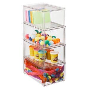 mdesign plastic stackable drawer organizer storage bin w/pull out drawer - holder for crafts, sewing, hobby, art supplies in home, classroom, office, or studio - lumiere collection, 4 pack - clear