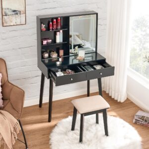 BEWISHOME Vanity Desk with Mirror and Lights, Makeup Vanity with Lights, Black Vanity Set, Makeup Desk with 3 Color Lighting, Vanity Table with Cabinet & 2 Drawers, Dressing Table Makeup Table FST15H