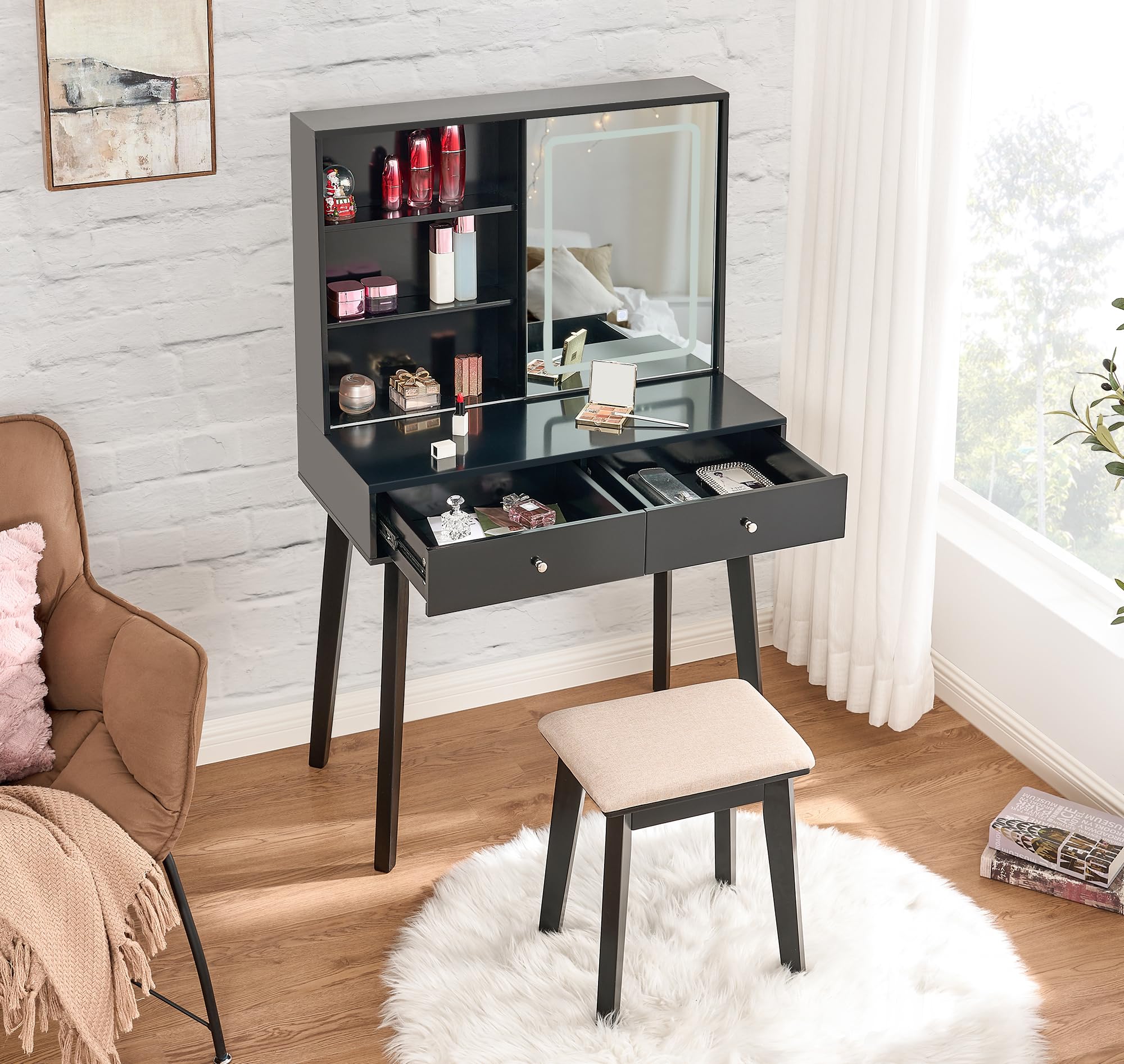 BEWISHOME Vanity Desk with Mirror and Lights, Makeup Vanity with Lights, Black Vanity Set, Makeup Desk with 3 Color Lighting, Vanity Table with Cabinet & 2 Drawers, Dressing Table Makeup Table FST15H