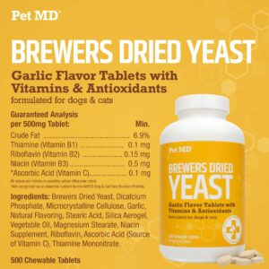 Pet MD Garlic & Brewers Yeast for Dogs & Cats - Garlic and Yeast Plus Antioxidants - Brewer's Yeast Tablets for Dogs & Cats - Vitamin B 1 & Vitamin C - 500 ct