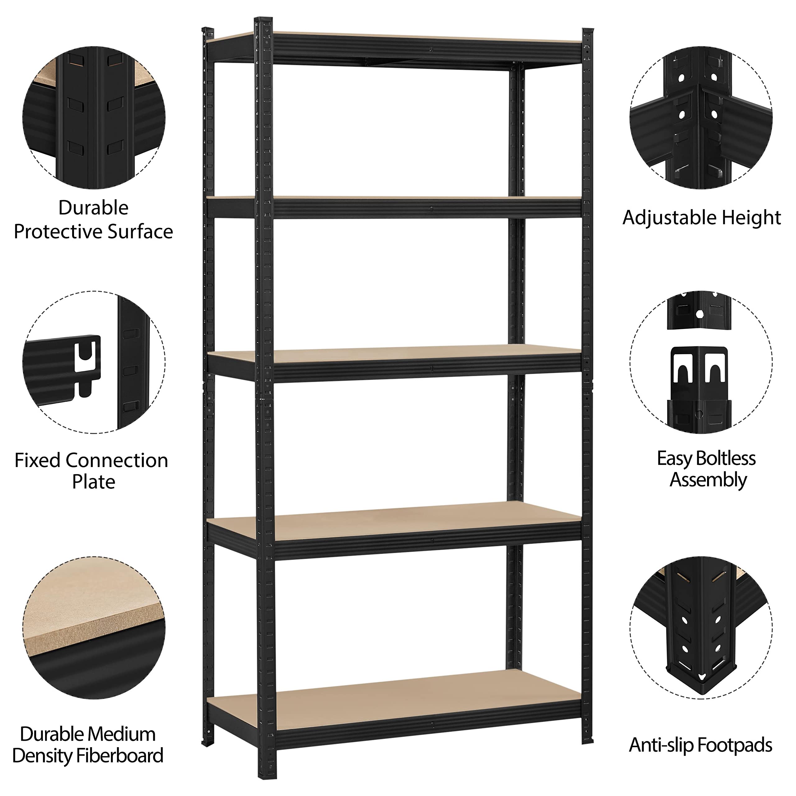 Topeakmart 4PCS 5-Tier Utility Shelves, Metal Storage Shelves Garage Shelving Unit Adjustable Garage Storage Shelves Storage Racks Heavy Duty Shed Shelving- Black, 35.5 x 16 x 71 Inch