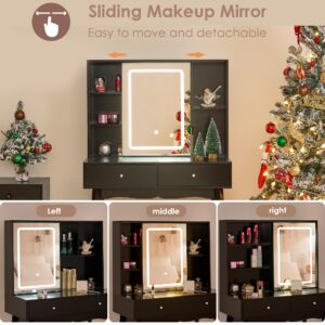 BEWISHOME Vanity Desk with Mirror and Lights, Makeup Vanity with Lights, Black Vanity Set, Makeup Desk with 3 Color Lighting, Vanity Table with Cabinet & 2 Drawers, Dressing Table Makeup Table FST15H