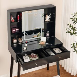 BEWISHOME Vanity Desk with Mirror and Lights, Makeup Vanity with Lights, Black Vanity Set, Makeup Desk with 3 Color Lighting, Vanity Table with Cabinet & 2 Drawers, Dressing Table Makeup Table FST15H