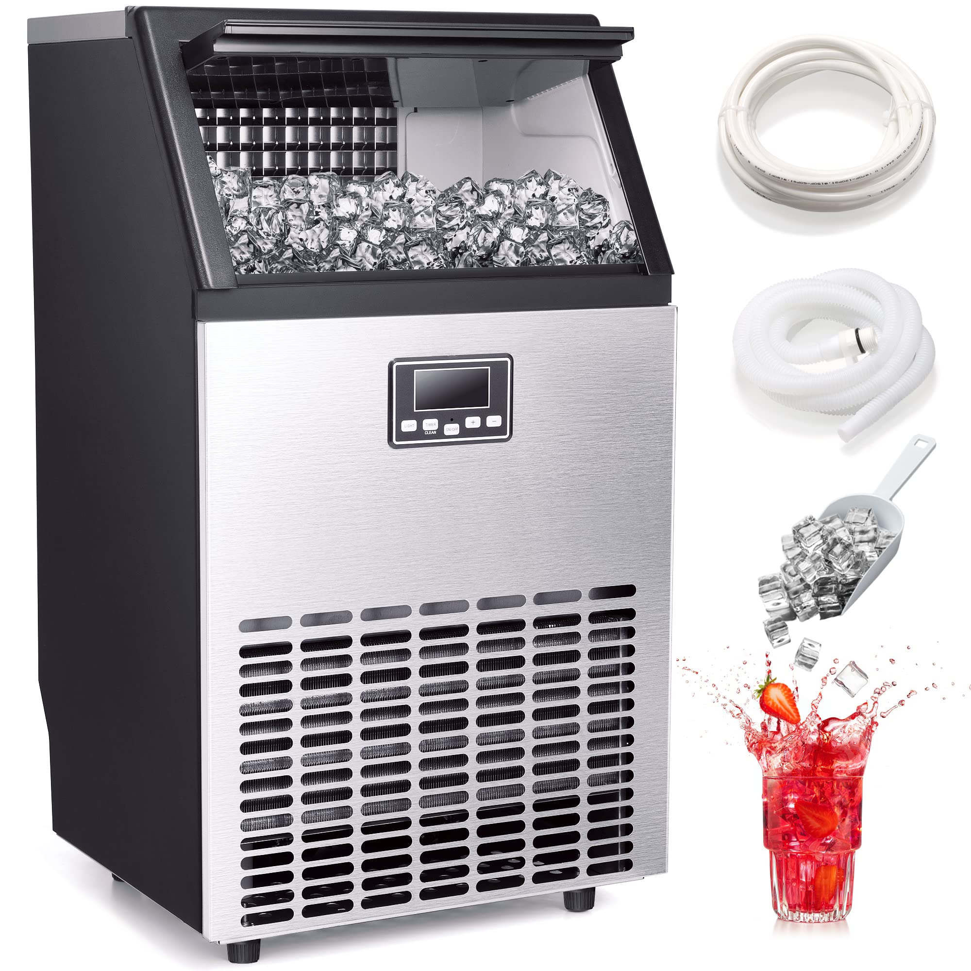 Xbeauty Commercial Ice Maker, Self-Cleaning Ice Machine 100LBS/24H, Stainless Steel Freestanding Ice Maker Machine with 33LBS Bin,Include Scoop