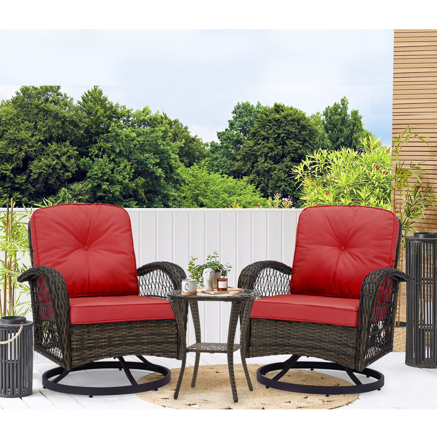 EROMMY 3 Pieces Outdoor Swivel Rocker Patio Chairs, 360 Degree Rocking Patio Conversation Set with Thickened Cushions and Glass Coffee Table for Backyard, Wine Red