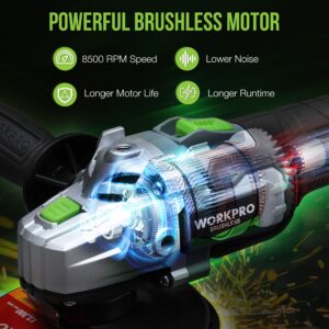 WORKPRO Cordless Angle Grinder, 20V Brushless Grinder with 4.0Ah Battery and Fast Charger, 4-1/2 Inch Dics, 8500RPM Brushless Motor Electric Grinder Power Tools for Metal and Wood