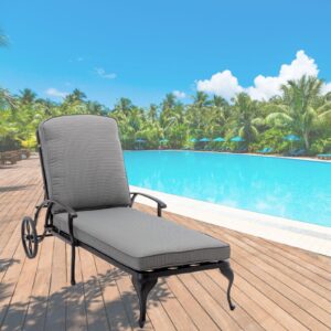 luccalily chaise lounge outdoor chair with wheels, adjustable reclining rust-resistant aluminum cast poolside chaise lounge furniture with waterproof grey cushion (1pc)