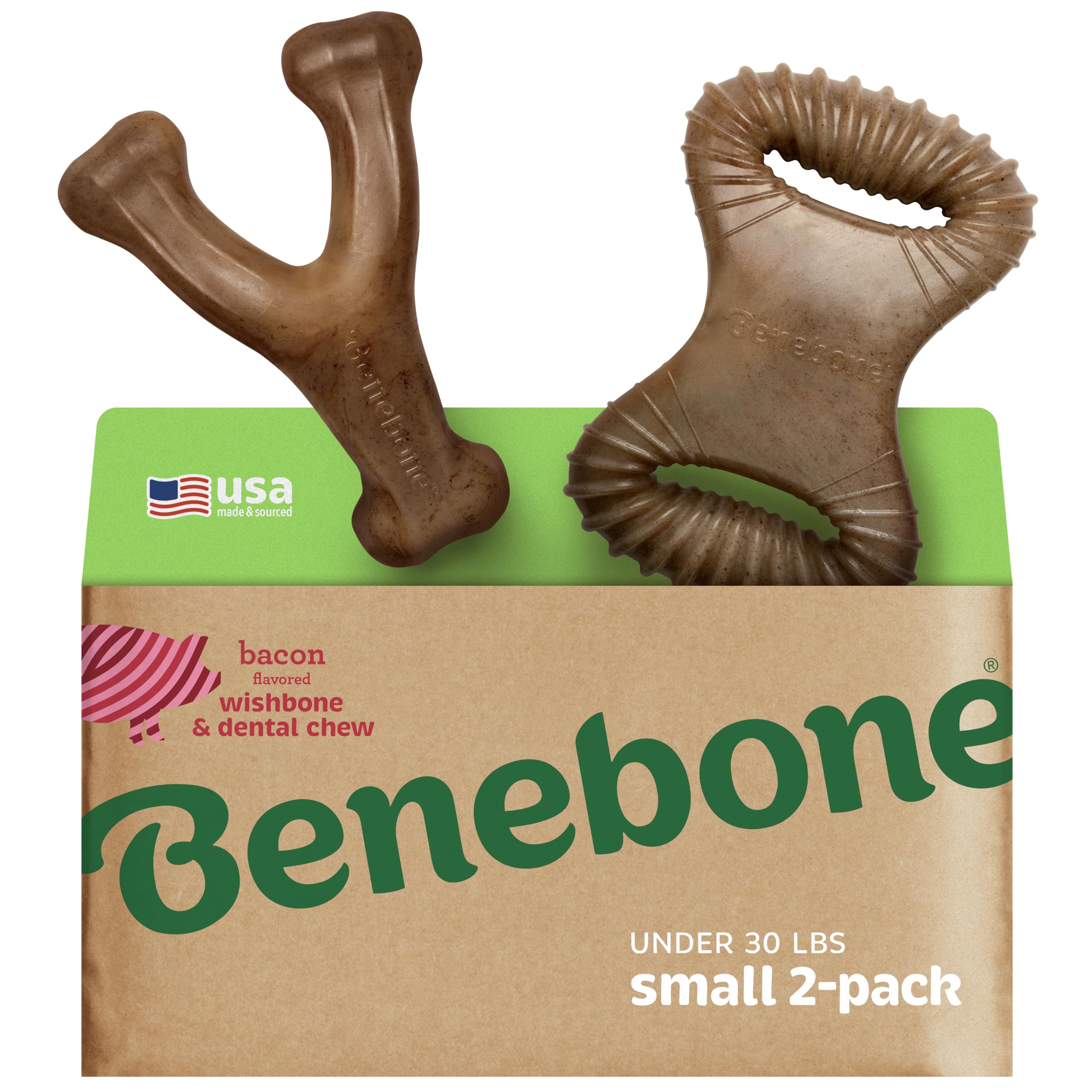 Benebone 2 Count (Pack of 1) Wishbone/Dental Durable Dog Chew Toys, Real Bacon, Made in USA, Small