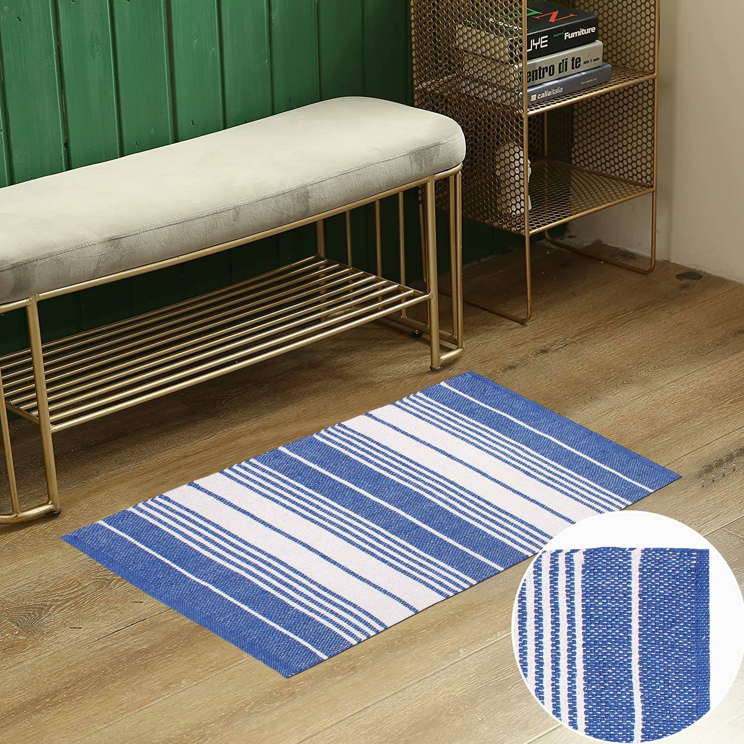 Asraie Eco Friendly Hand Woven & Reversible Cotton Stripe Rag Rug 100% Recycled Cotton Area Rug for Living Room Kitchen Entryway 2x3' (Steel Blue & White)