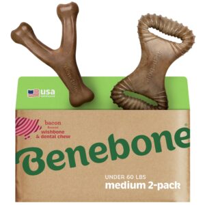 benebone 2-pack wishbone/dental durable dog chew toys, dog toys for aggressive chewers, real bacon, made in usa, medium