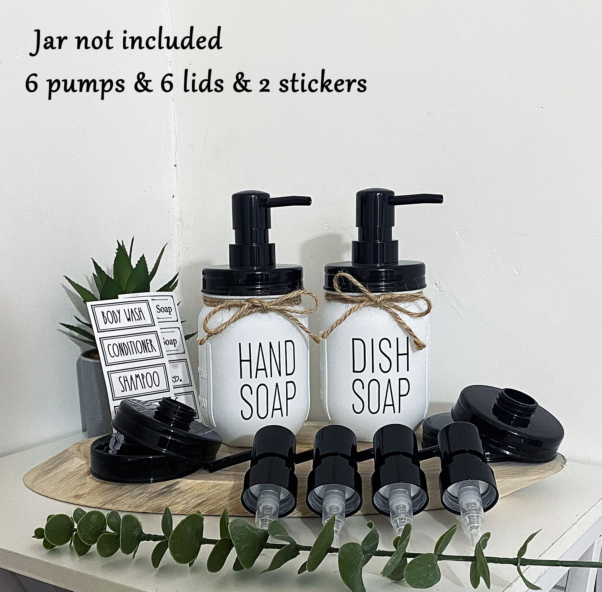 Onsogi Regular Mouth Plastic Mason Jar Soap Dispenser Pumps and Lids- Rust-Proof Mason Jar Accessories Rustic Farmhouse Kitchen Counter Top Bathroom Decor and Organization - 6 Pack