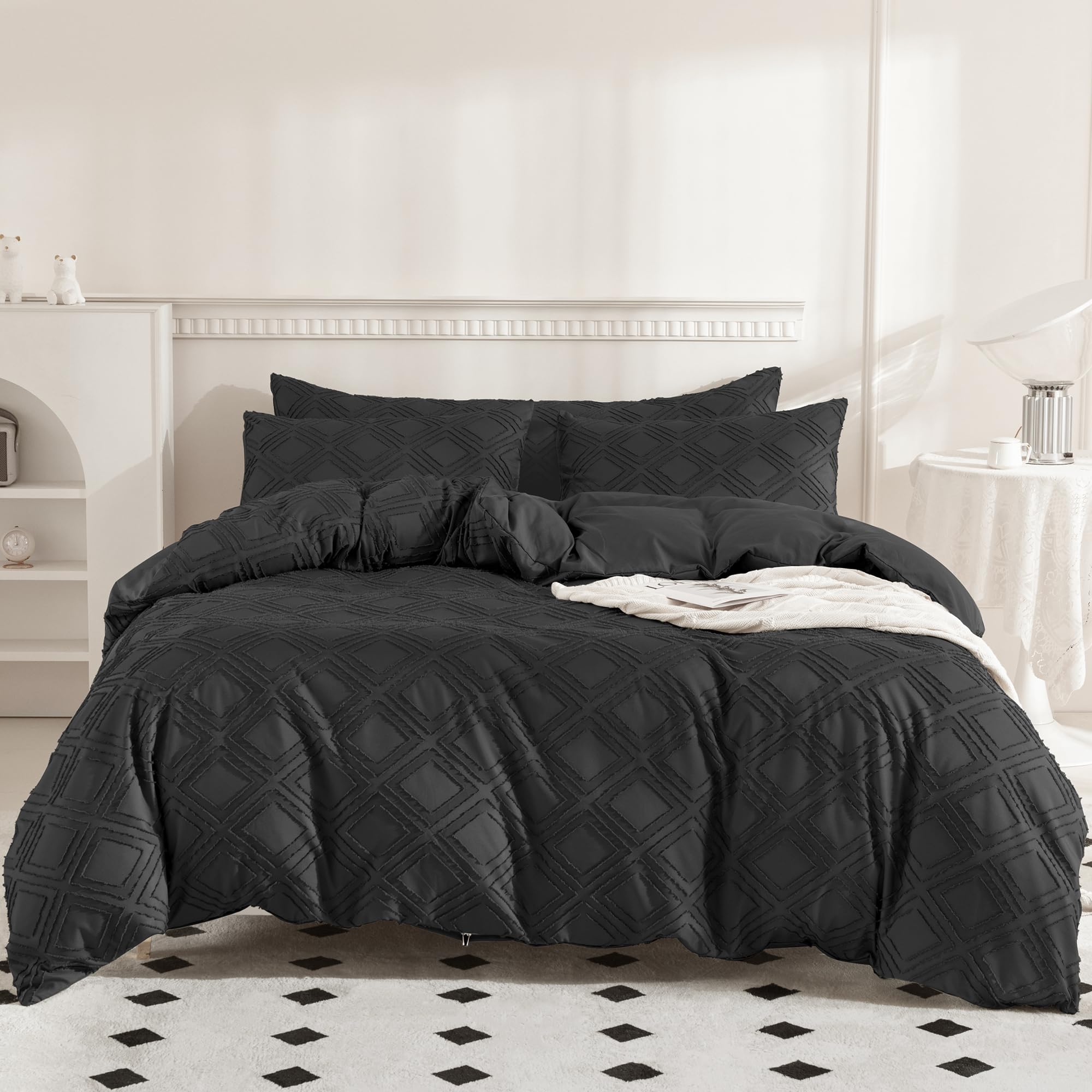 JELLYMONI Black Duvet Cover Twin Size - 3 PCS Microfiber Tufted Duvet Cover Set, Boho Textured Duvet Cover Jacquard Rhombus Geometric Pattern Duvet Cover with Corner Ties & Zipper Closure