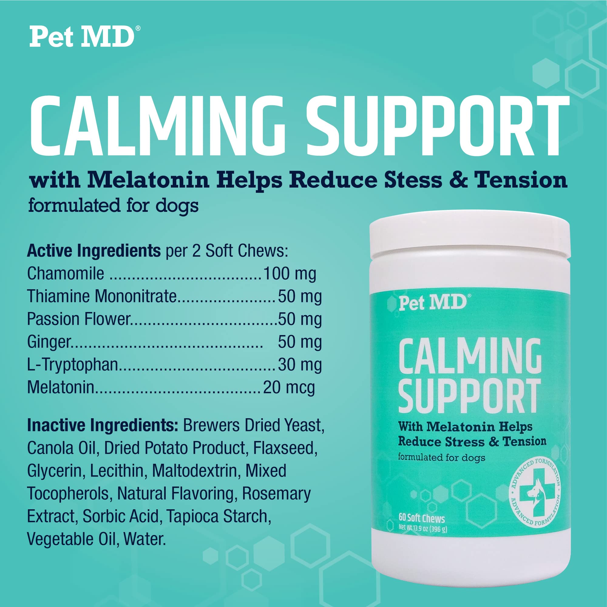 Pet MD Calming Chews for Dogs - Separation Anxiety Relief for Dogs - Enhanced with Melatonin & Ginger - Puppy & Dog Calming Treats for Chronic or Acute Anxiety - 60 ct