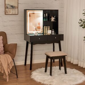 BEWISHOME Vanity Desk with Mirror and Lights, Makeup Vanity with Lights, Black Vanity Set, Makeup Desk with 3 Color Lighting, Vanity Table with Cabinet & 2 Drawers, Dressing Table Makeup Table FST15H