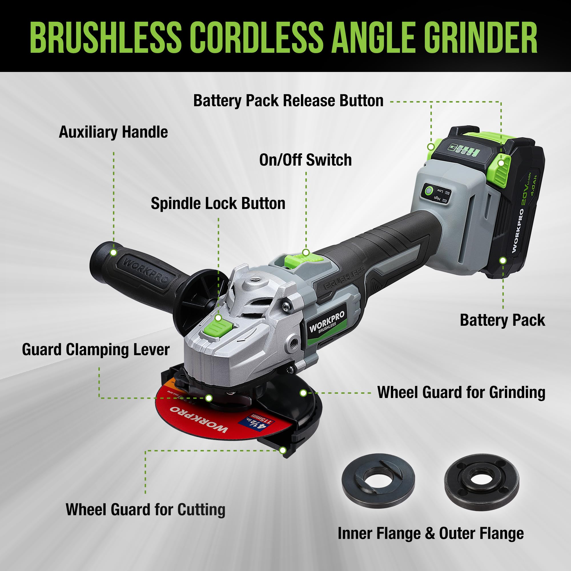 WORKPRO Cordless Angle Grinder, 20V Brushless Grinder with 4.0Ah Battery and Fast Charger, 4-1/2 Inch Dics, 8500RPM Brushless Motor Electric Grinder Power Tools for Metal and Wood