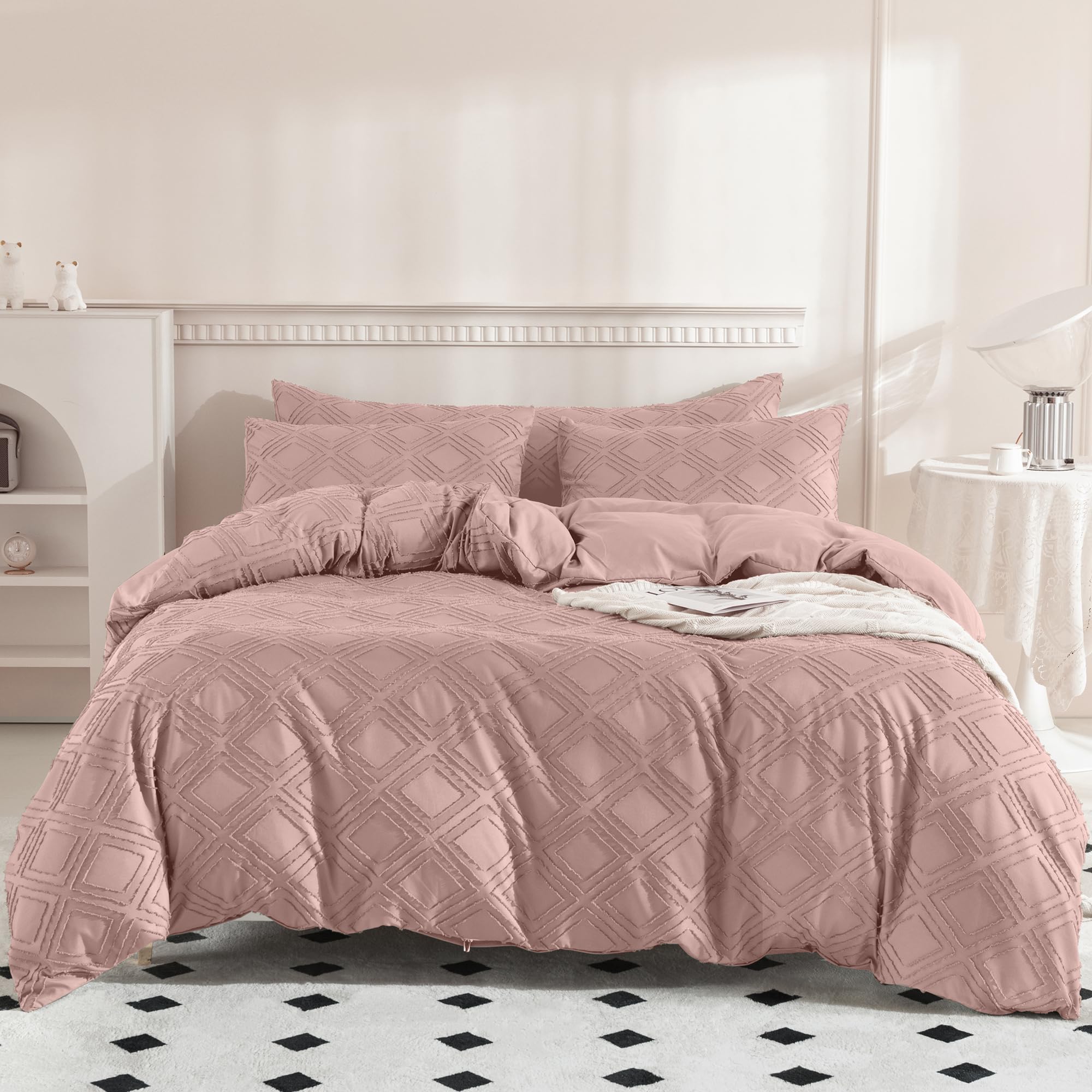 JELLYMONI Pink Duvet Cover Twin Size - 3 PCS Microfiber Tufted Duvet Cover Set, Boho Textured Duvet Cover Jacquard Rhombus Geometric Pattern Duvet Cover with Corner Ties & Zipper Closure