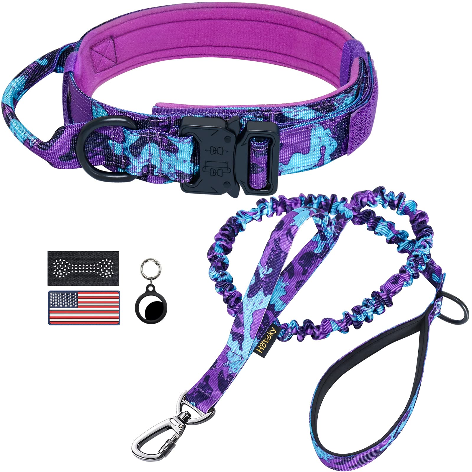 Hotsky Tactical Dog Collar and Leash Set, Heavy Duty Military Airtag Dog Collar with Handle and Metal Buckle for Training and Walking, with Airtag Holder and Two Patches(Purple Camo, L)