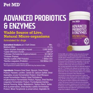 Pet MD Probiotics & Enzymes for Dogs - Gut Health Chews with Prebiotics - Digestive Aid for Dogs with Upset Stomach, Diarrhea, Constipation, or Gas - Functional Probiotics for Dogs - 60 ct