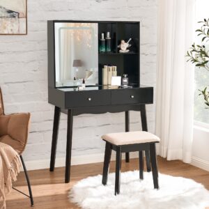 BEWISHOME Vanity Desk with Mirror and Lights, Makeup Vanity with Lights, Black Vanity Set, Makeup Desk with 3 Color Lighting, Vanity Table with Cabinet & 2 Drawers, Dressing Table Makeup Table FST15H