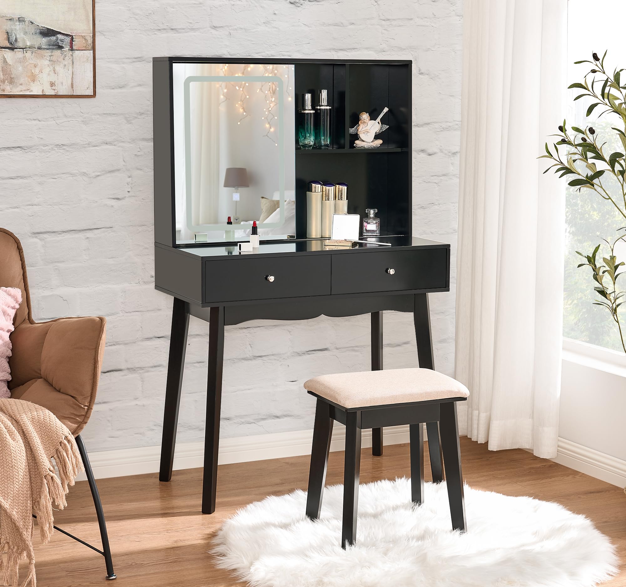 BEWISHOME Vanity Desk with Mirror and Lights, Makeup Vanity with Lights, Black Vanity Set, Makeup Desk with 3 Color Lighting, Vanity Table with Cabinet & 2 Drawers, Dressing Table Makeup Table FST15H