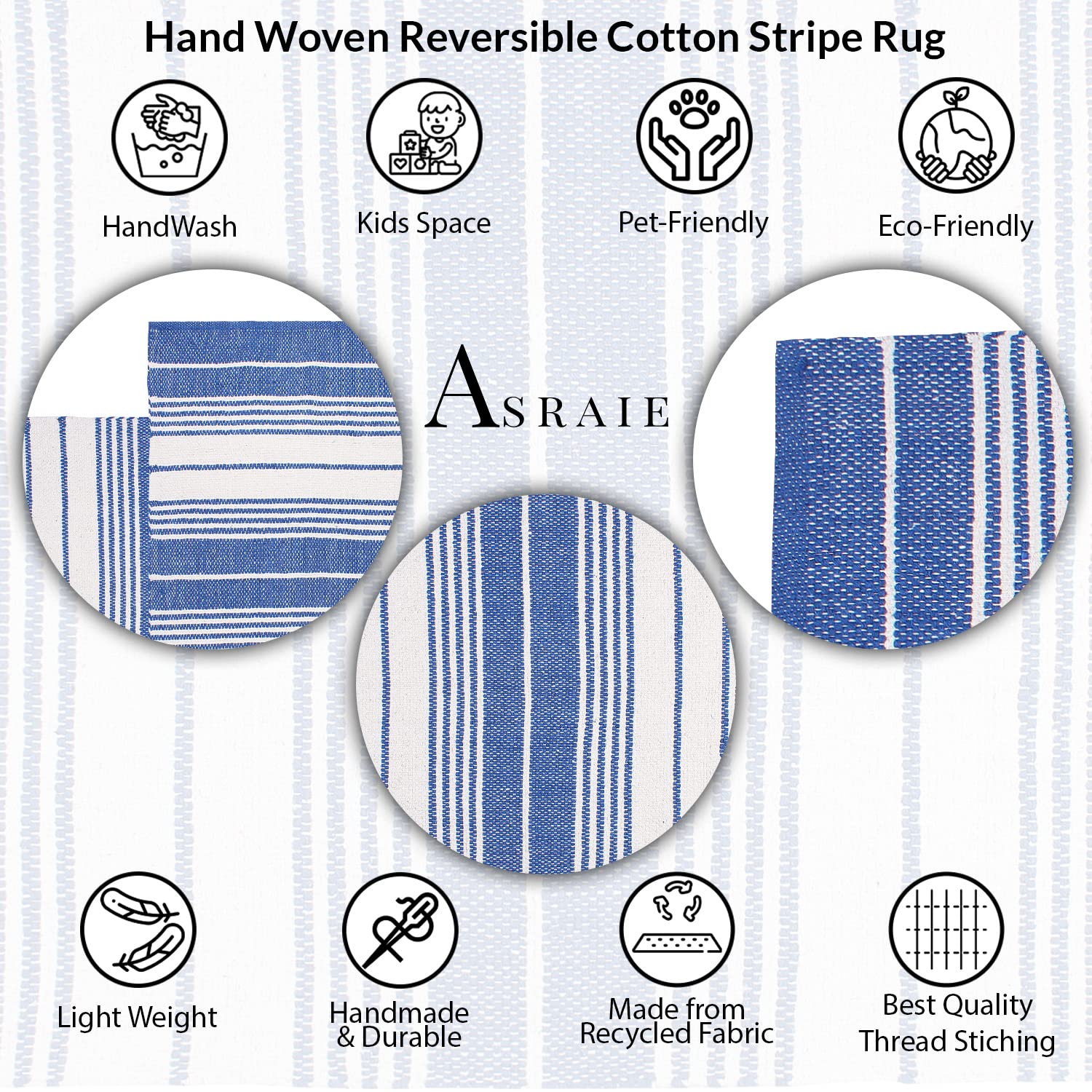 Asraie Eco Friendly Hand Woven & Reversible Cotton Stripe Rag Rug 100% Recycled Cotton Area Rug for Living Room Kitchen Entryway 2x3' (Steel Blue & White)