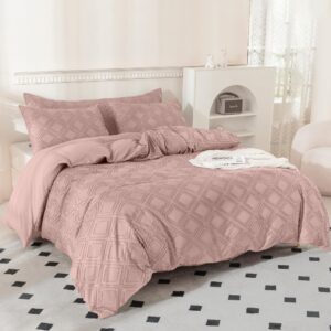 JELLYMONI Pink Duvet Cover Twin Size - 3 PCS Microfiber Tufted Duvet Cover Set, Boho Textured Duvet Cover Jacquard Rhombus Geometric Pattern Duvet Cover with Corner Ties & Zipper Closure