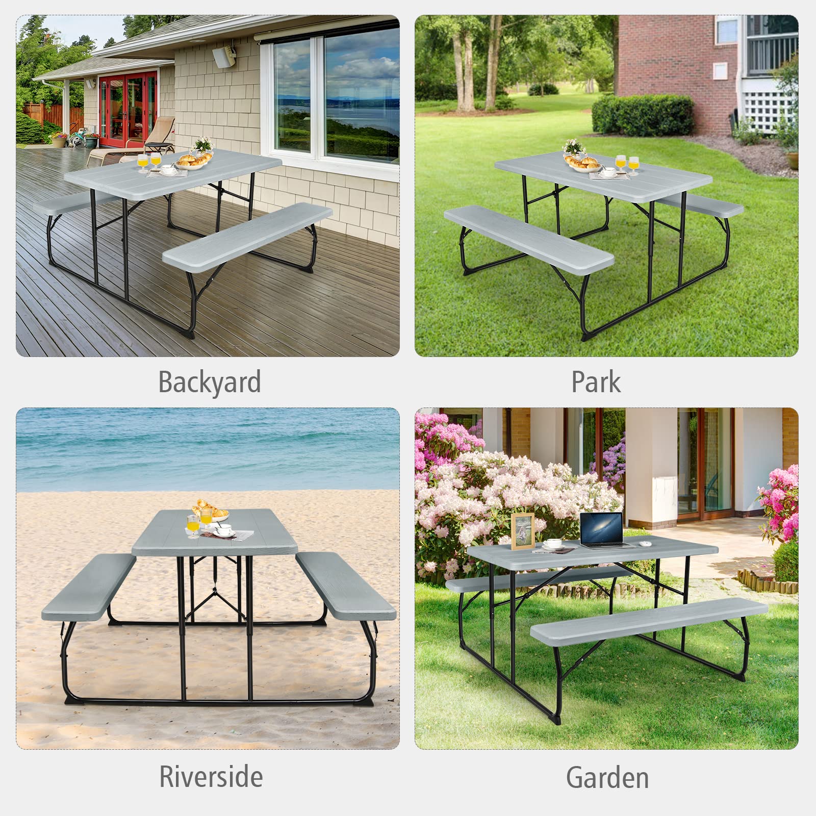 S AFSTAR Folding Picnic Table Bench Set, Foldable Picnic Table with 2 Benches, Outdoor Table and Bench W/Steel Frame & Wood-Like Texture Tabletop, Camping Table Chair Set for Garden Patio Lawn (Black)