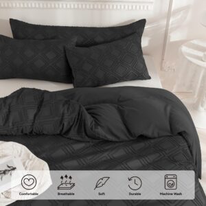 JELLYMONI Black Duvet Cover Twin Size - 3 PCS Microfiber Tufted Duvet Cover Set, Boho Textured Duvet Cover Jacquard Rhombus Geometric Pattern Duvet Cover with Corner Ties & Zipper Closure