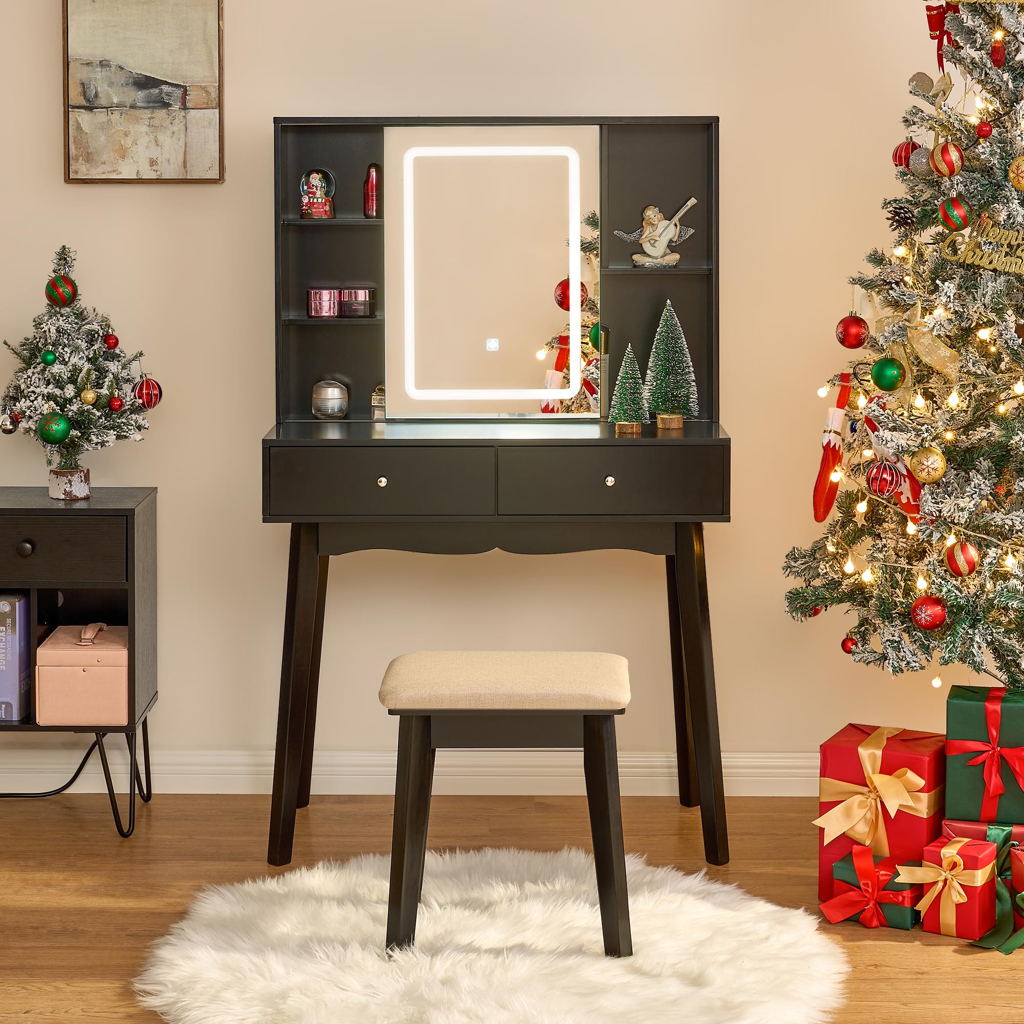 BEWISHOME Vanity Desk with Mirror and Lights, Makeup Vanity with Lights, Black Vanity Set, Makeup Desk with 3 Color Lighting, Vanity Table with Cabinet & 2 Drawers, Dressing Table Makeup Table FST15H