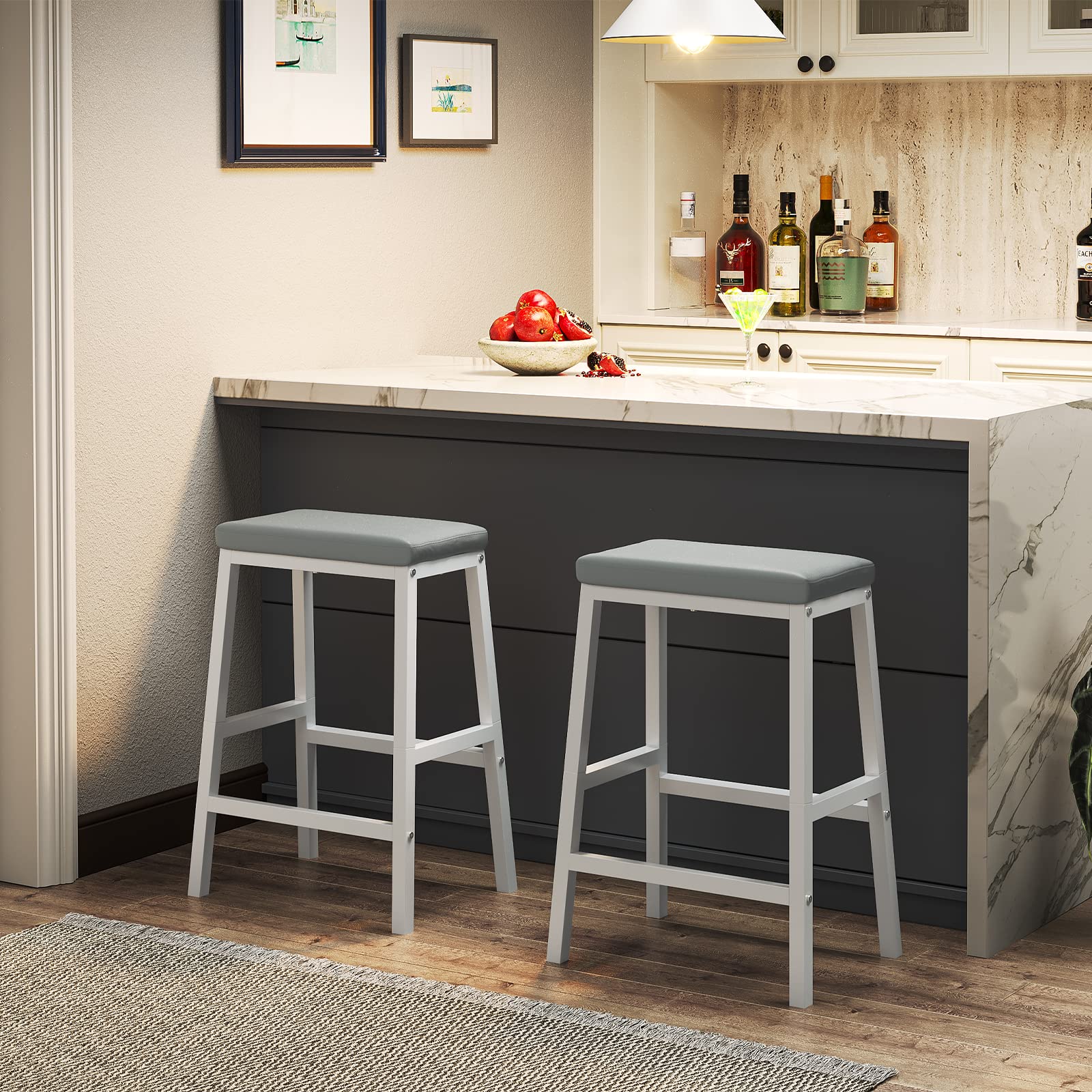 HOOBRO Bar Stools, Set of 2 Bar Chairs, PU Leather Upholstered Breakfast Stools, Easy Assembly, Suitable for Kitchen, Bar, Dining Room, White and Gray WG01MD01