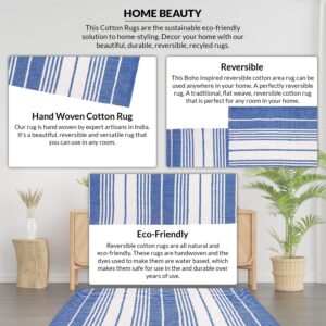 Asraie Eco Friendly Hand Woven & Reversible Cotton Stripe Rag Rug 100% Recycled Cotton Area Rug for Living Room Kitchen Entryway 2x3' (Steel Blue & White)