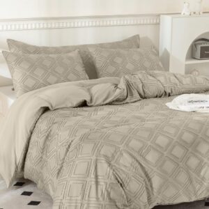 JELLYMONI Khaki Duvet Cover Full Size - 3 PCS Microfiber Tufted Duvet Cover Set, Boho Textured Duvet Cover Jacquard Rhombus Geometric Pattern Duvet Cover with Corner Ties & Zipper Closure