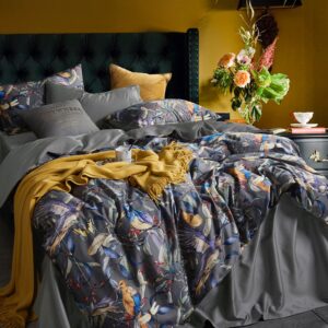 Eikei Home Chinoiserie Chic Peacock Floral Duvet Cover Paradise Garden Botanical Bird and Tree Branches Vintage Stylized Long Staple Cotton Bedding Set (Gray, Queen)