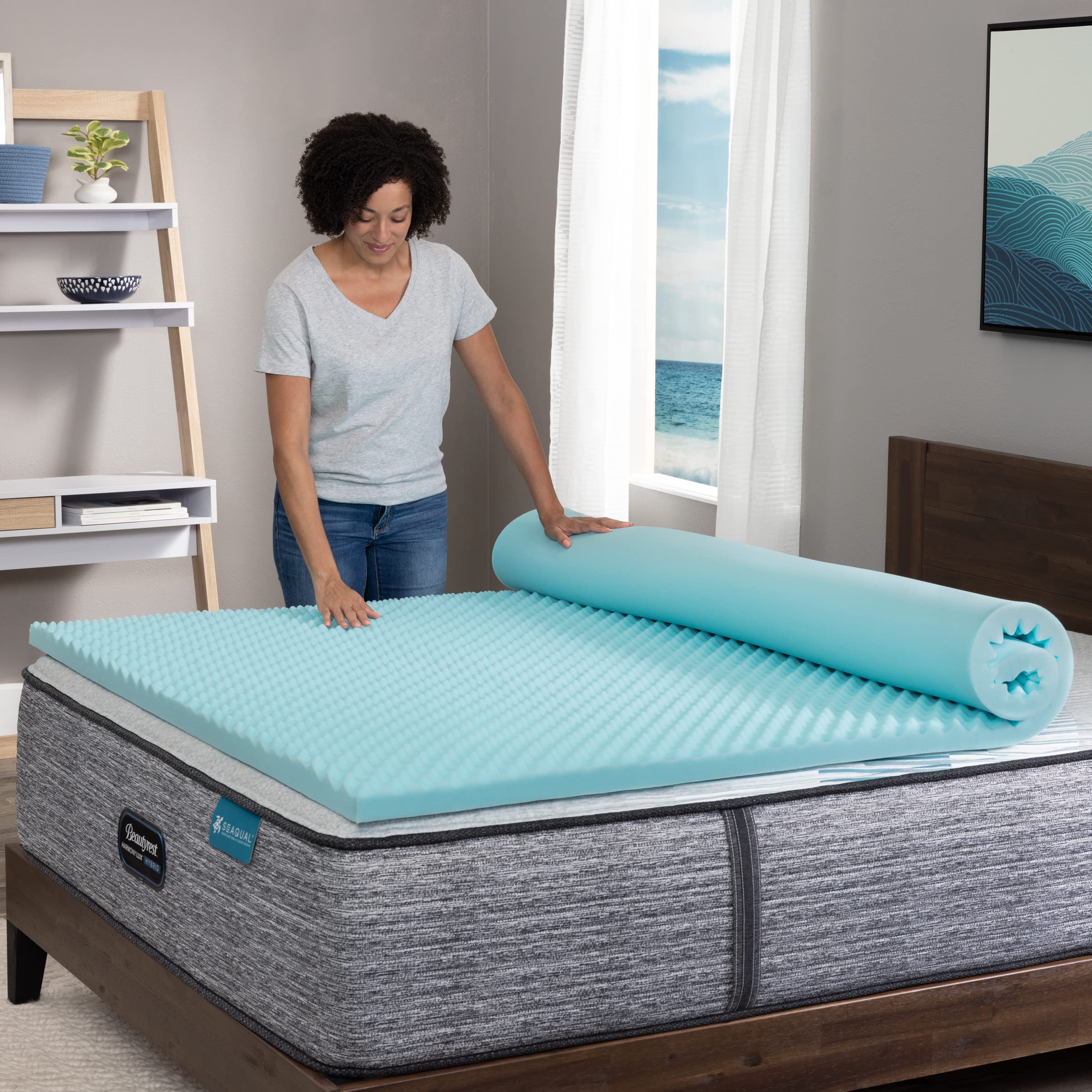 Beautyrest Cool Wave Convoluted Pressure-Relieving Memory Foam Mattress Topper, California King, 2-Inch, Blue