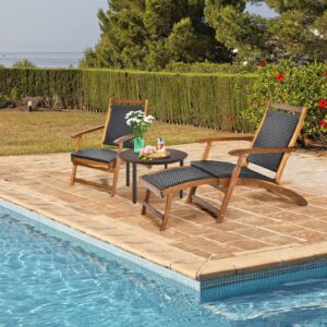 HAPPYGRILL Patio Chaise Lounge Chair with Retractable Footrest, Acacia Wood Lounge Chair, Rattan Wicker Folding Chaise Lounge, Collapsible Lounge Chair for Poolside Patio Garden Porch