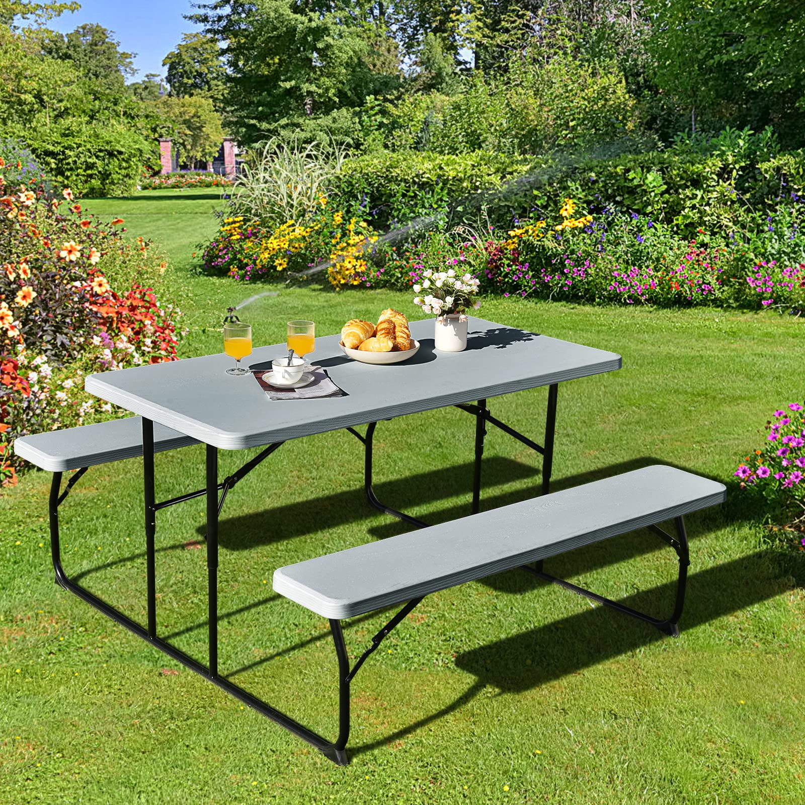 S AFSTAR Folding Picnic Table Bench Set, Foldable Picnic Table with 2 Benches, Outdoor Table and Bench W/Steel Frame & Wood-Like Texture Tabletop, Camping Table Chair Set for Garden Patio Lawn (Black)