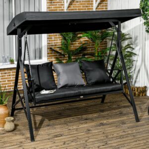 Outsunny 3-Seat Patio Swing Chair, Porch Swing Glider with Cushion, 3 Throw Pillows & Adjustable Canopy for Porch, Garden, Poolside, Backyard, Black