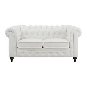 Naomi Home Emery Chesterfield Leather Loveseat, Mini Sofa Sleeper Loveseat, Small Sofa Bed with Rolled Arms, Tufted Cushions 2 Seater Sectional Small Loveseat for Small Spaces, Living Room White