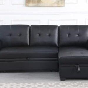 Lilola Home Lexi Black Synthetic Leather Modern Reversible Sleeper Sectional Sofa with Storage Chaise