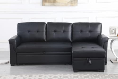 Lilola Home Lexi Black Synthetic Leather Modern Reversible Sleeper Sectional Sofa with Storage Chaise