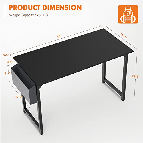 Computer Desk Small Office Desk 40 Inch Writing Desks Small Space Desk Study Table Modern Simple Style Work Table with Storage Bag Headphone Hook Wooden Tabletop Metal Frame for Home, Bedroom