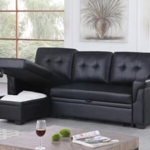 Lilola Home Lexi Black Synthetic Leather Modern Reversible Sleeper Sectional Sofa with Storage Chaise