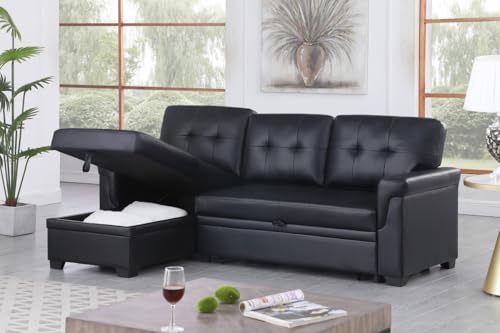 Lilola Home Lexi Black Synthetic Leather Modern Reversible Sleeper Sectional Sofa with Storage Chaise