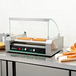 Restaurantware Hi Tek Hot Dog Spinner 1 Curved Glass Sneeze Guard Hot Dog Cooker - Dual Temperature Controls Removable Drip Tray Stainless Steel Hot Dog Roller No-Slip Feet Fits 24 Hot Dogs