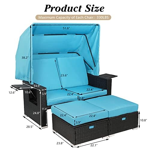 LEISU Outdoor Patio Furniture Sunbed with Retractable Canopy, PE Wicker Rattan Rectangle Sectional Sofa Set Clamshell Sectional Seating with Washable Cushions for Lawn Garden Backyard Poolside (Blue)