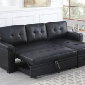 Lilola Home Lexi Black Synthetic Leather Modern Reversible Sleeper Sectional Sofa with Storage Chaise