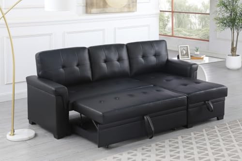 Lilola Home Lexi Black Synthetic Leather Modern Reversible Sleeper Sectional Sofa with Storage Chaise