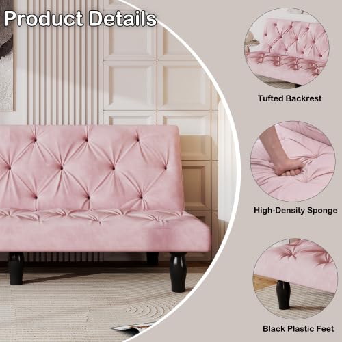 Anwickmak Velvet Convertible Futon Sofa Bed, Mid Century Green Fabric Couch, Sleeper Loveseat with Golden Metal Legs, Couches for Small Spaces (Pink)