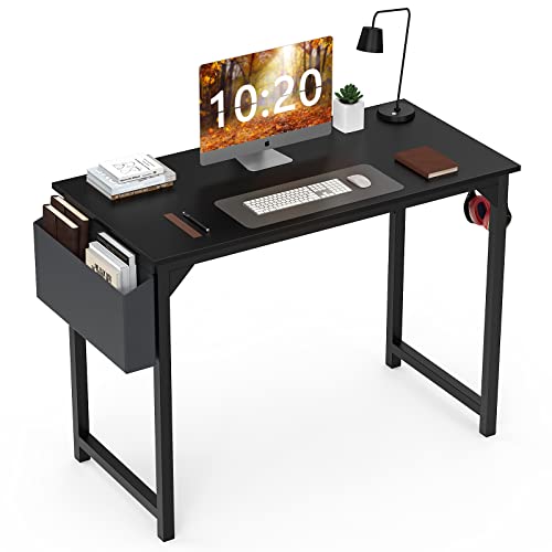 Computer Desk Small Office Desk 40 Inch Writing Desks Small Space Desk Study Table Modern Simple Style Work Table with Storage Bag Headphone Hook Wooden Tabletop Metal Frame for Home, Bedroom